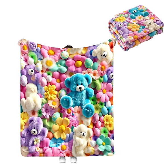 Cute Plush 3D Throw Blanket, Kawaii Teddy Bear Blanket with Pastel Floral Print, Soft Cozy Blanket for Sofa Bedroom Decor