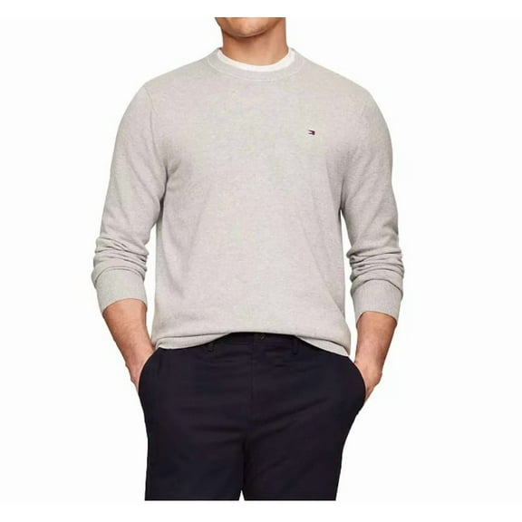 Tommy Hilfiger Men's Essential Solid Crew Neck 100% Cotton Sweater, Light Grey Heather, X-Large XL