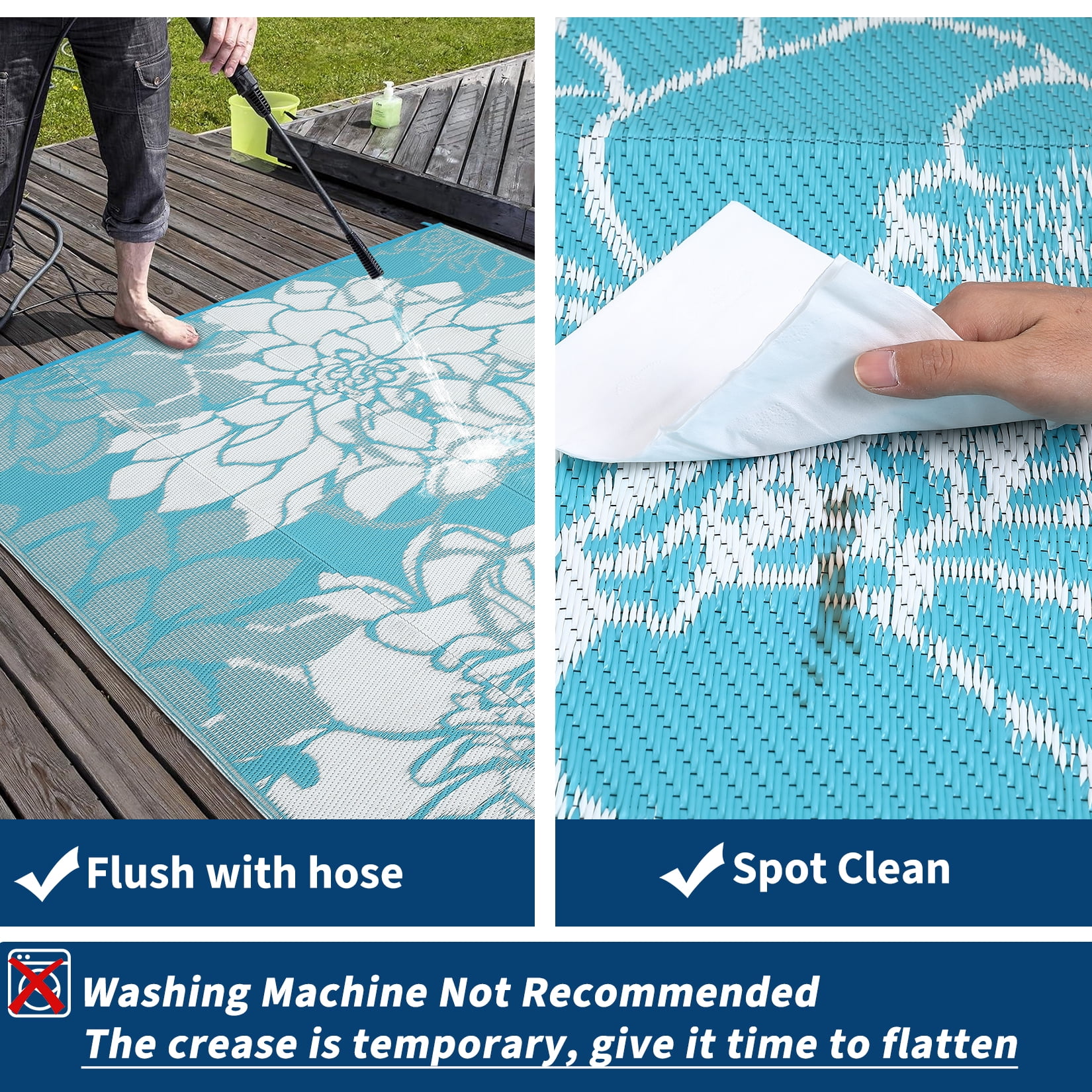 Hasoo 9' x 18' Light Blue Outdoor Rug for Patio Decor Waterproof Plastic Straw Modern Geometric Carpet PP Tube Woven Portable Camping Mat for Picnic Balcony