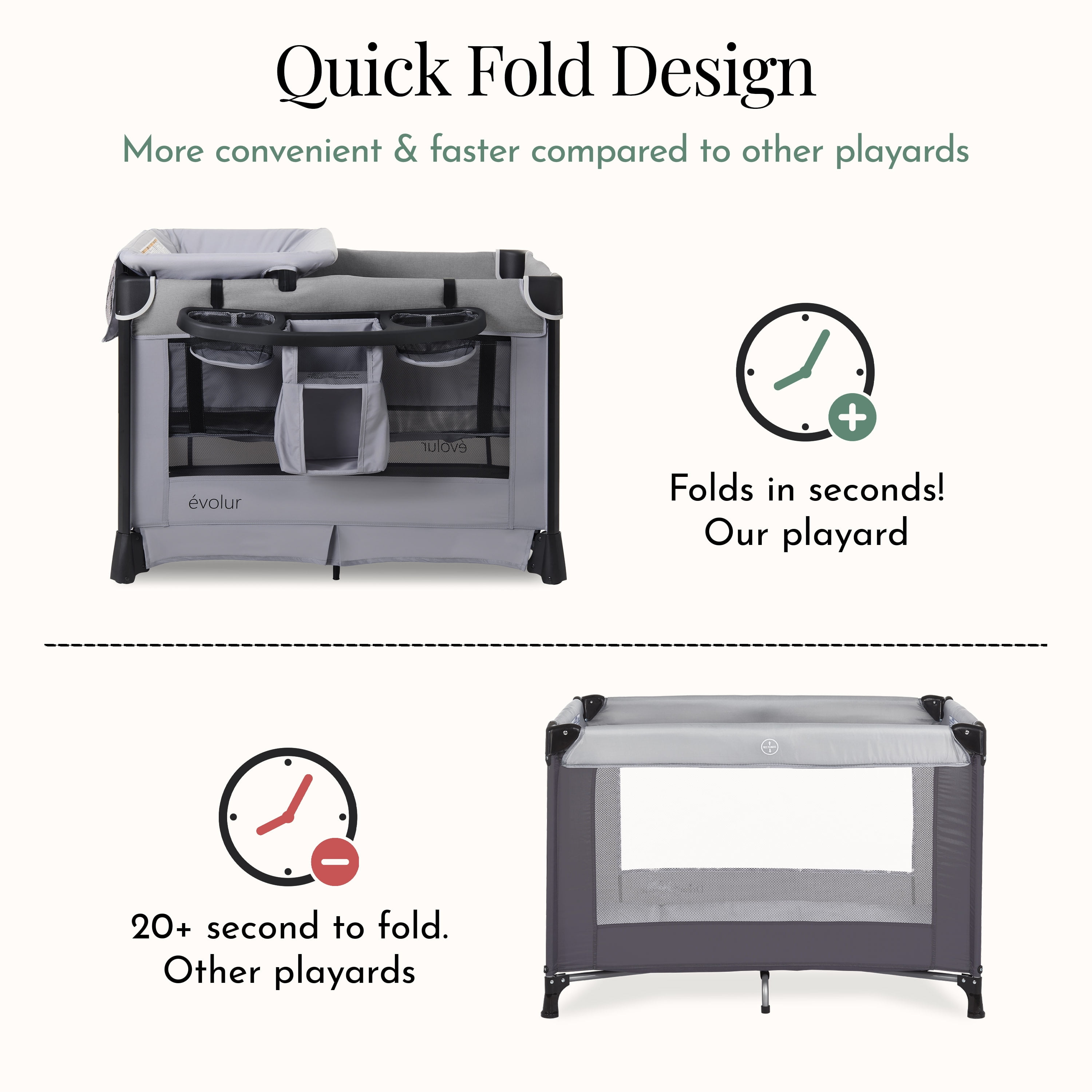 Evolur Cozy Cove All-in-One Portable Playard Gray with Bassinet & Changing Table – Quick-Fold Travel Playard with Breathable Mesh Sides, Travel Bag Included