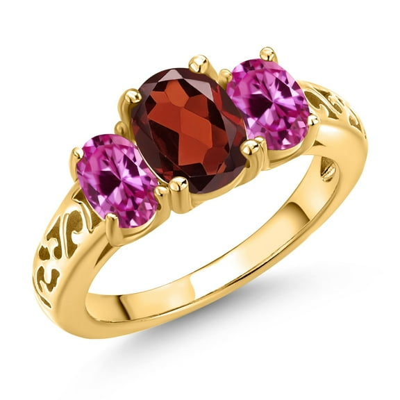 Gem Stone King 18K Yellow Gold Plated Silver Red Garnet and Pink Created Sapphire Filigree Style 3 Stone Ring for Women (2.50 Cttw, Oval 8X6MM and 6X4MM) (Size 7)