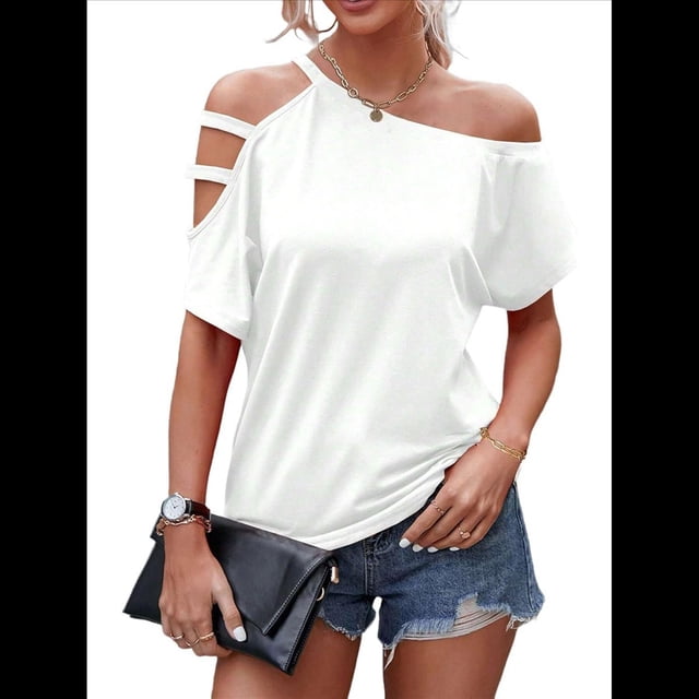 Camiseta de Mujer con Hombros Descubiertos, Corta, Escote Asimétrico y Aberturas XL
