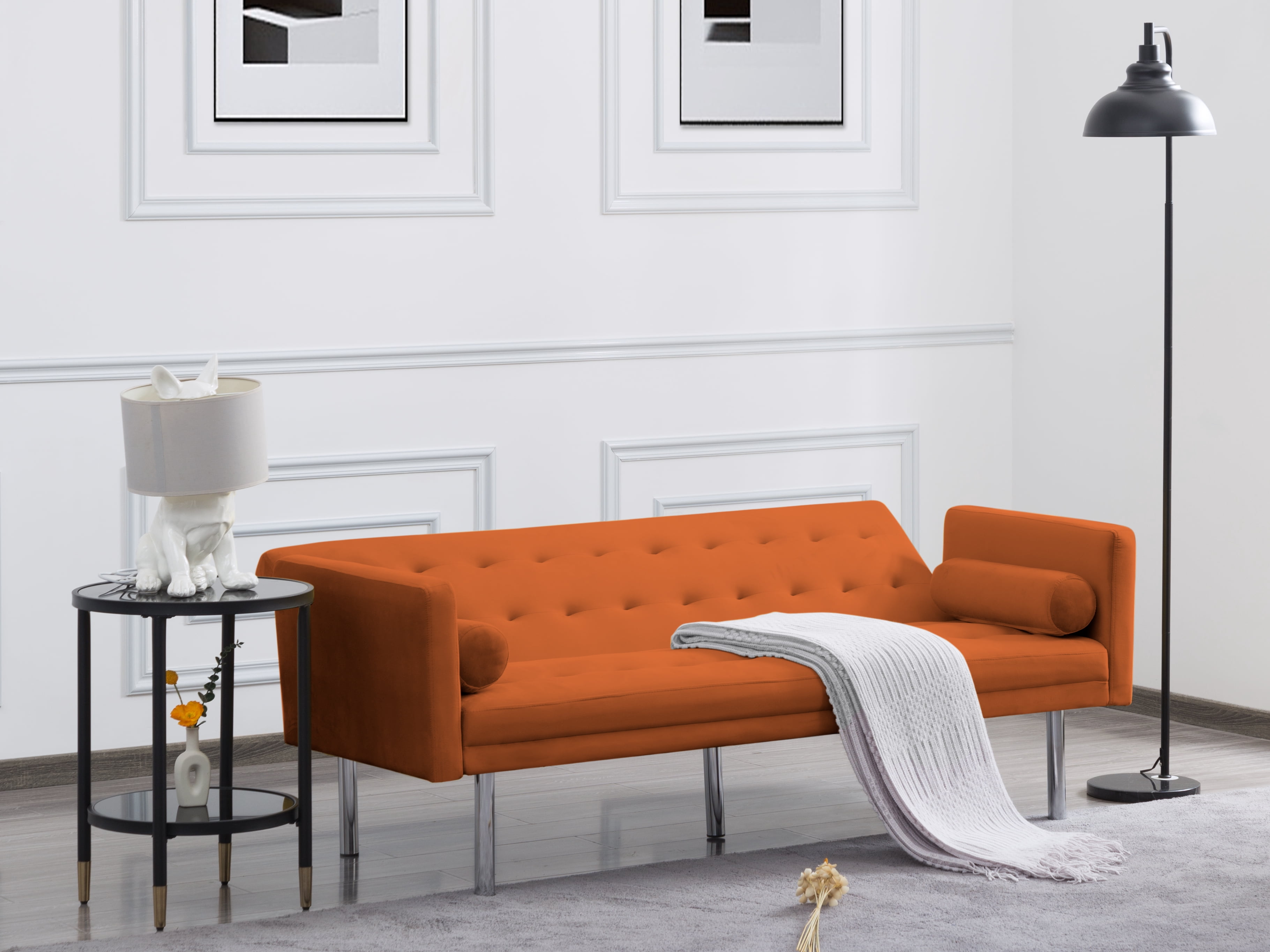 DEALTOPS Velvet Futon Sofa Bed Upholstered Convertible Sofa Couch, Recliner Modern Tufted Back Couch Lounge for&nbsp;Living Room - Orange