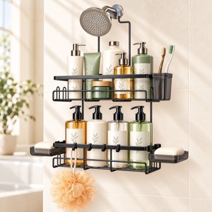 TINANA Hanging Shower Caddy Over Showerhead, Black Stainless Steel