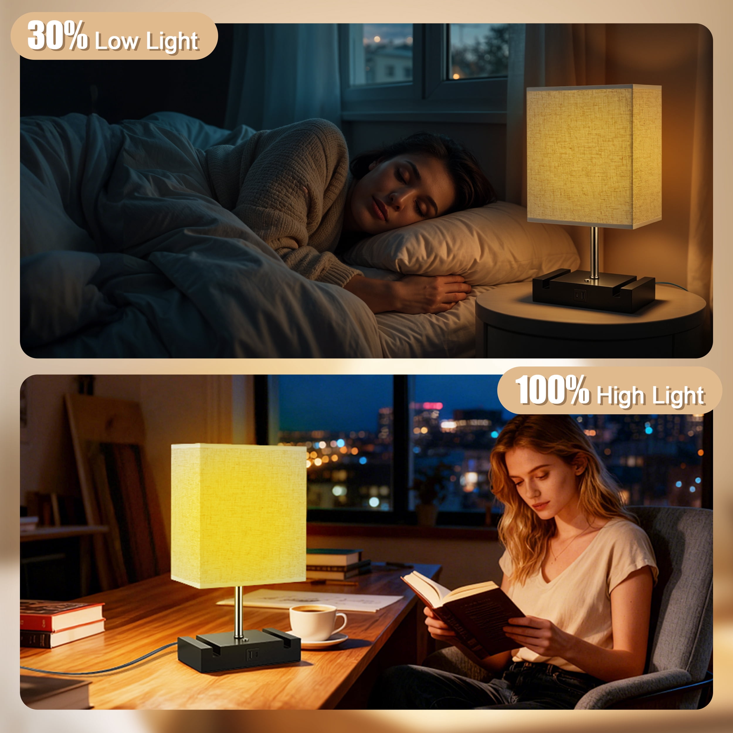 Doulami Table Lamp for Bedroom with 3 Way Dimmable Touch Control, Bedside Table Lamp with 2 USB Charging Ports and 2 Phone Stands, Nightstand Lamp with E26 Light Bulb, Desk Lamp with Fabric Shade for