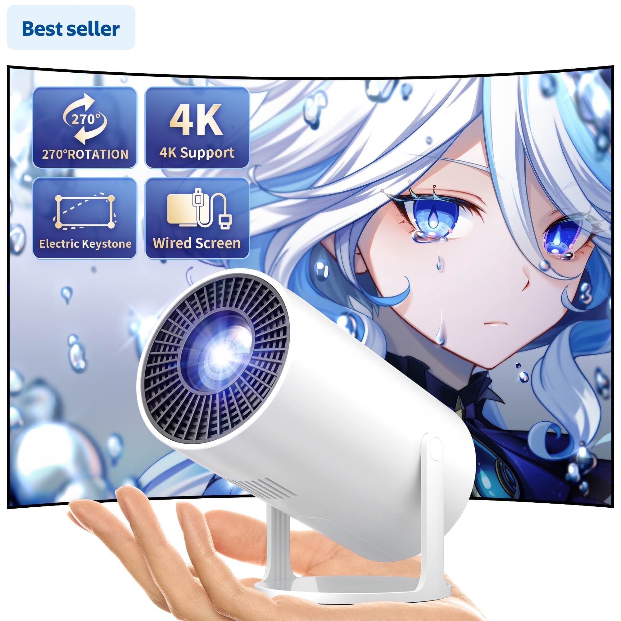 Mini Projector, 270° Rotation, Portable Projector 4K Support, Full HD 1080P Outdoor Movie Projector, Max 200" Display, Compatible with Smartphone/TV Stick/Laptop/PS4/HDMI/USB