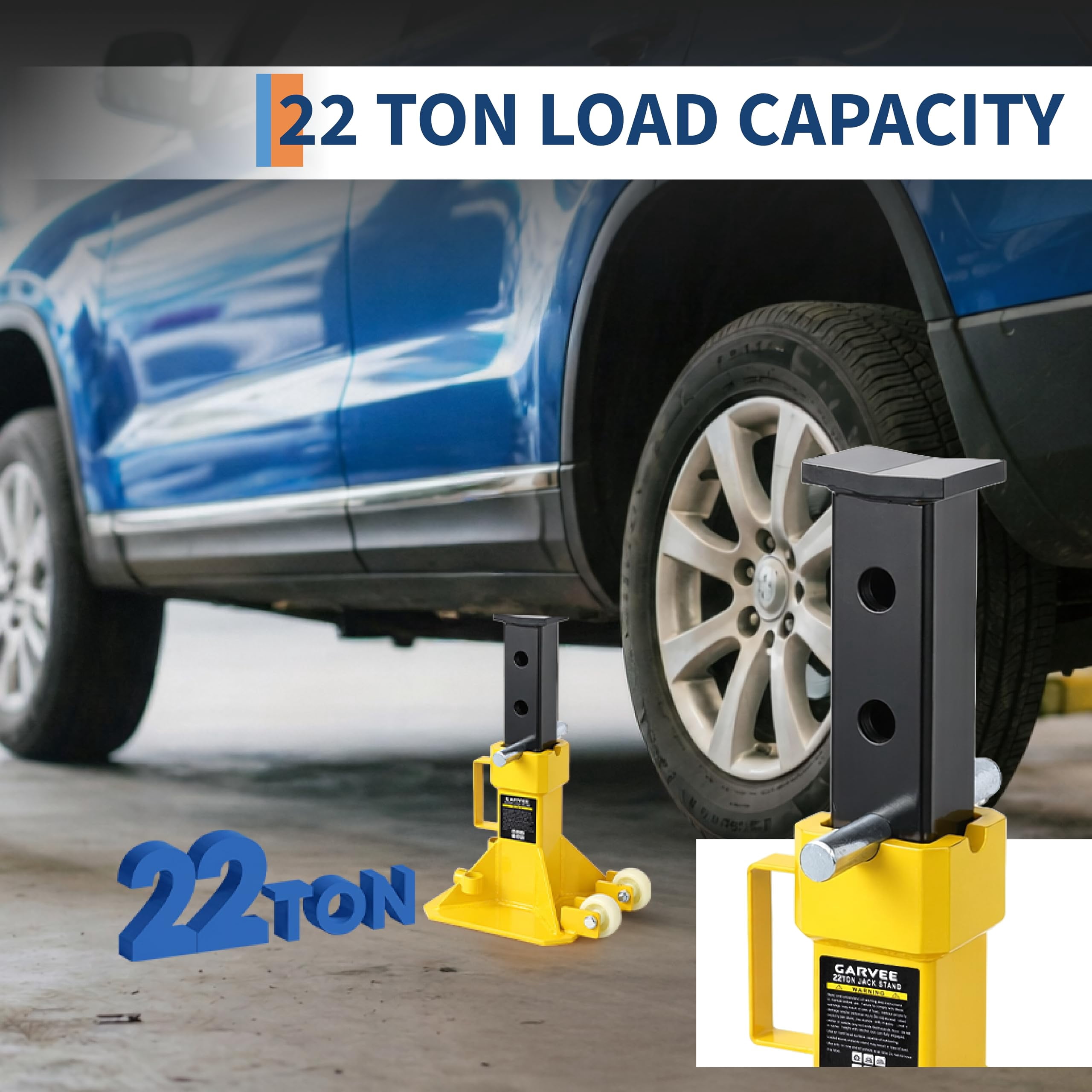 22 Ton Jack Stands,Heavy Duty Pin Type Car Jack Stand with Lock,2 Caster Wheels AndWide Base Safety Design for Supporting Trucks, Trailers and Equipment,Adjustable Height 13.8"-19.7",Yellow,1 Pair