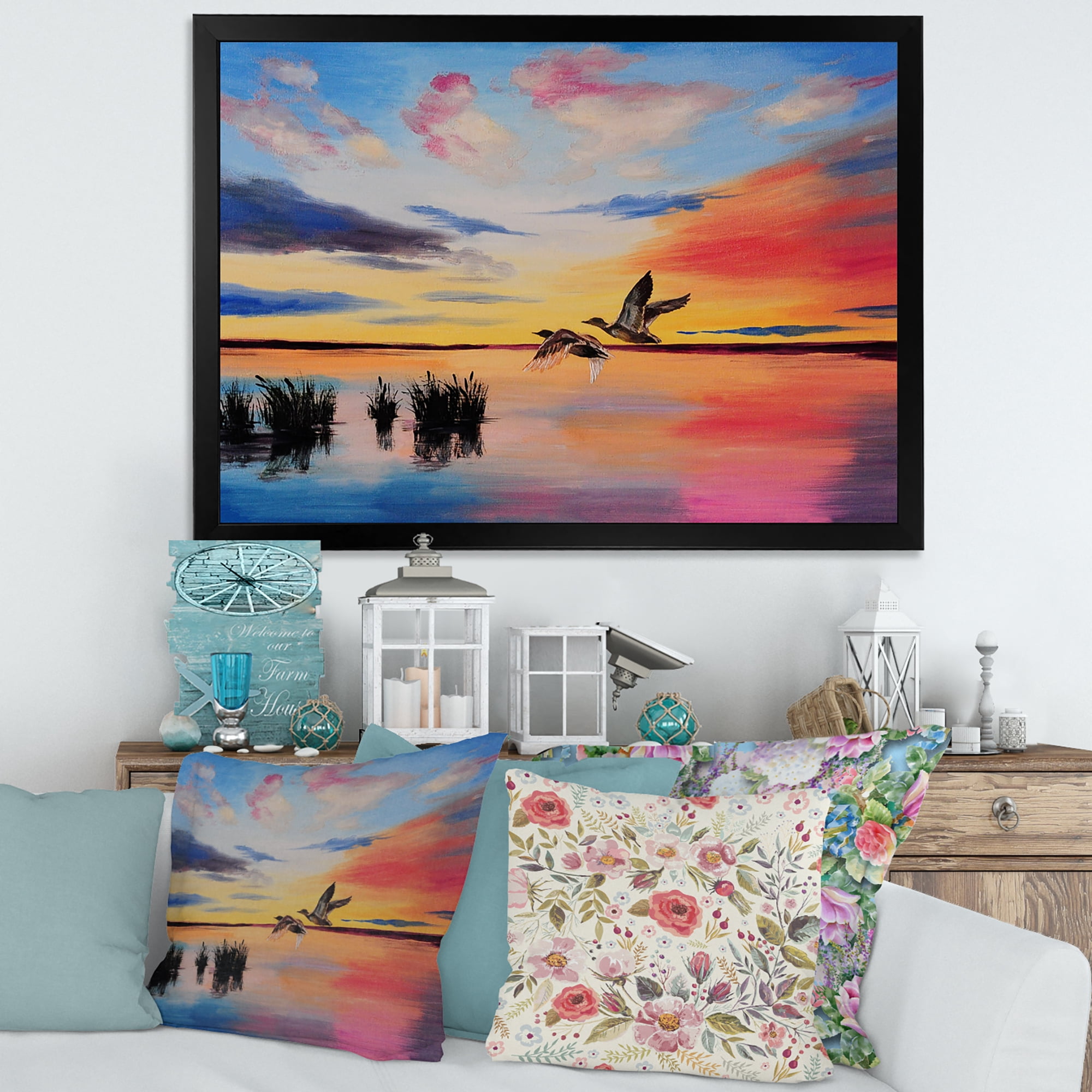 Crane Birds Flying During Colorful Sunset 40 in x 30 in Framed Painting Canvas Art Print, by Designart