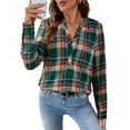 thumbnail image 2 of Women'S V Neck Plaid Shirts Dressy Casual Button-Down Business Work Boho Tops Long Sleeve Fall Outfits Dark Green XL, 2 of 9