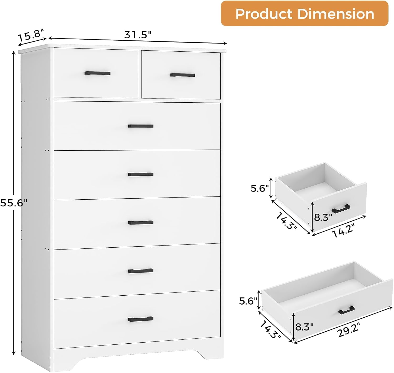 Aunfebrco White Dresser with 7 Drawers for Bedroom Vertical Chest of Drawers with Metal Handle 55.7" Tall Dresser Storage Cabinets for Living Room