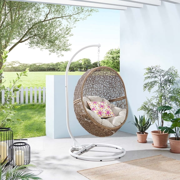 Modway Encase Outdoor Patio Rattan Swing Chair in Cappuccino Beige