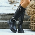 thumbnail image 3 of Fall Mid Calf Combat Boots for Women 2025 Buckles Studded Leather Platform Chunky Cowboy Riding Tall Boots, 3 of 8