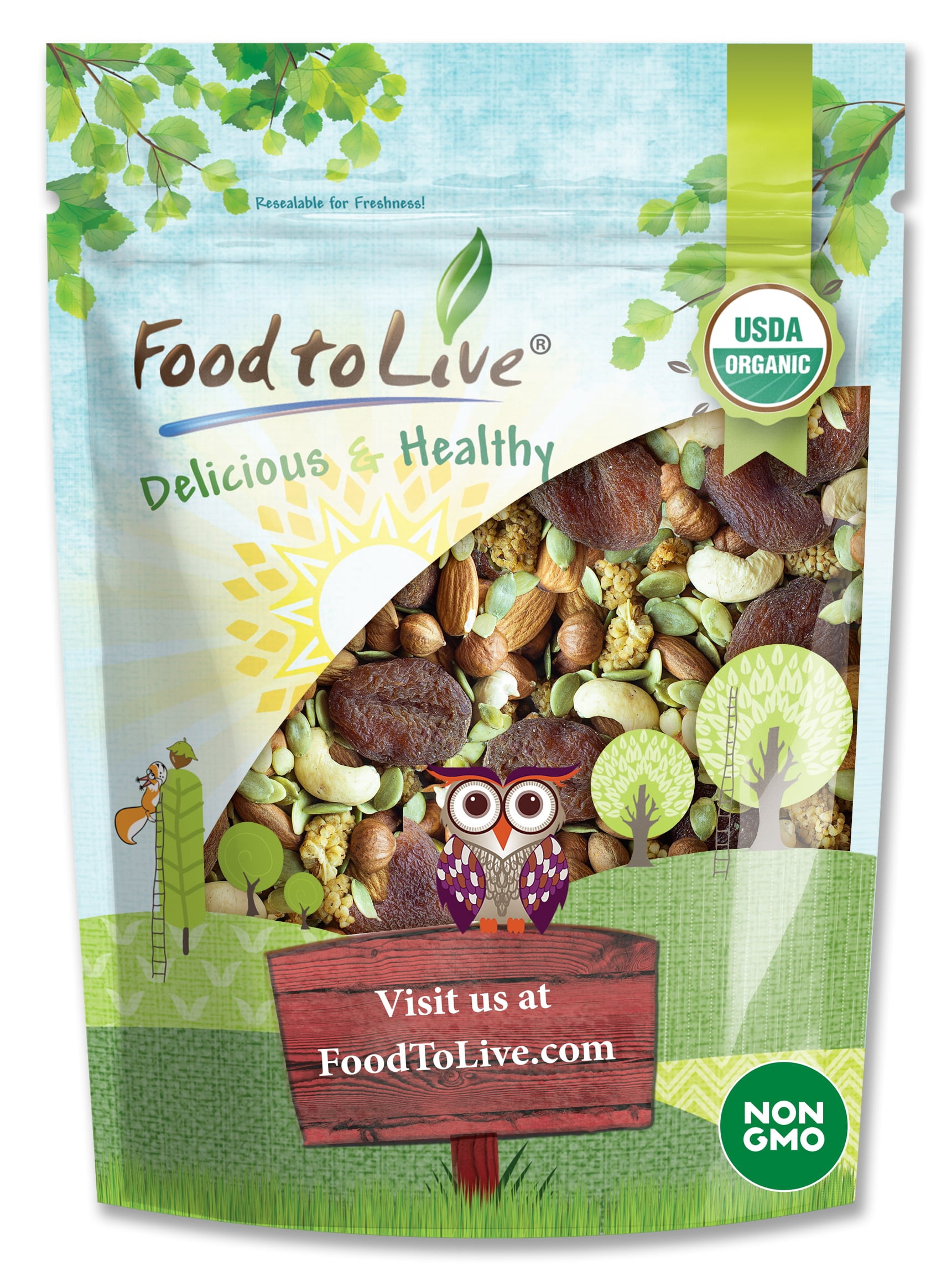 Food To Live Organic 6-Forces Trail Mix, 2 Lbs - Raw Nuts, Seeds & Dried Fruits, No Sugar Added