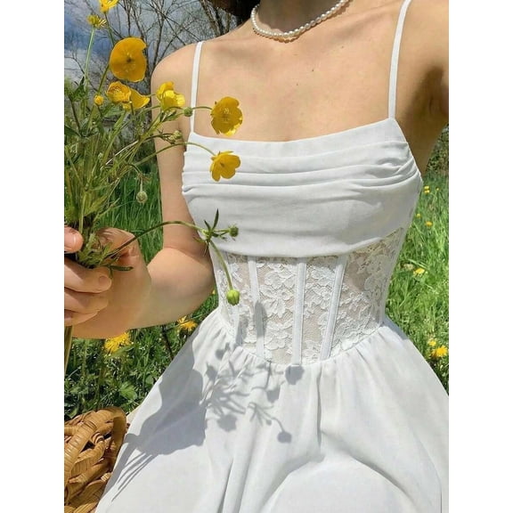 White Pleated High Waist Lace Corset Strap Mini Dress, Fit & Flare Womens Dress