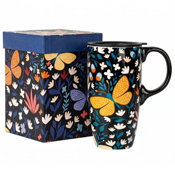 Topadorn Colorful Butterfly Ceramic Travel Mug, 17oz, Whimsical Butterfly & Wildflower Print on Black, Heat-Safe Handle, Splash-Resistant Lid, Gift Boxed