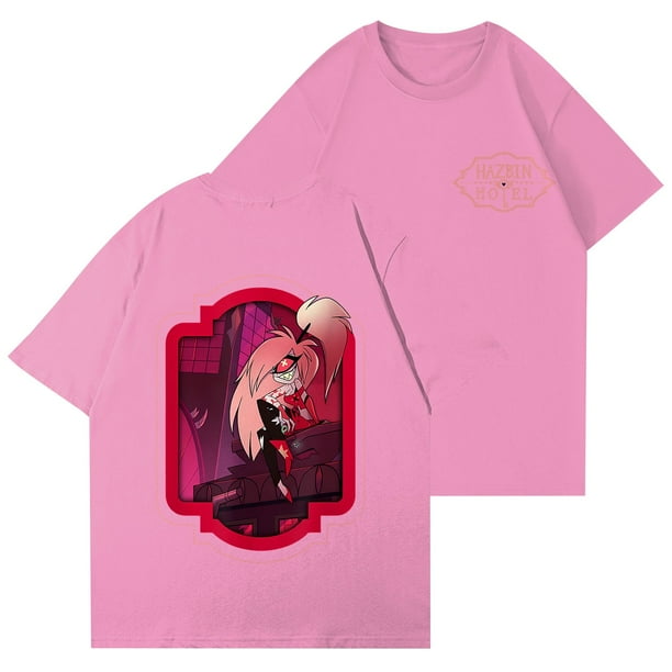Hazbin Hotel Las mujeres de la moda casual de impresión de manga corta cuello redondo Pullover Tops Rosa/L