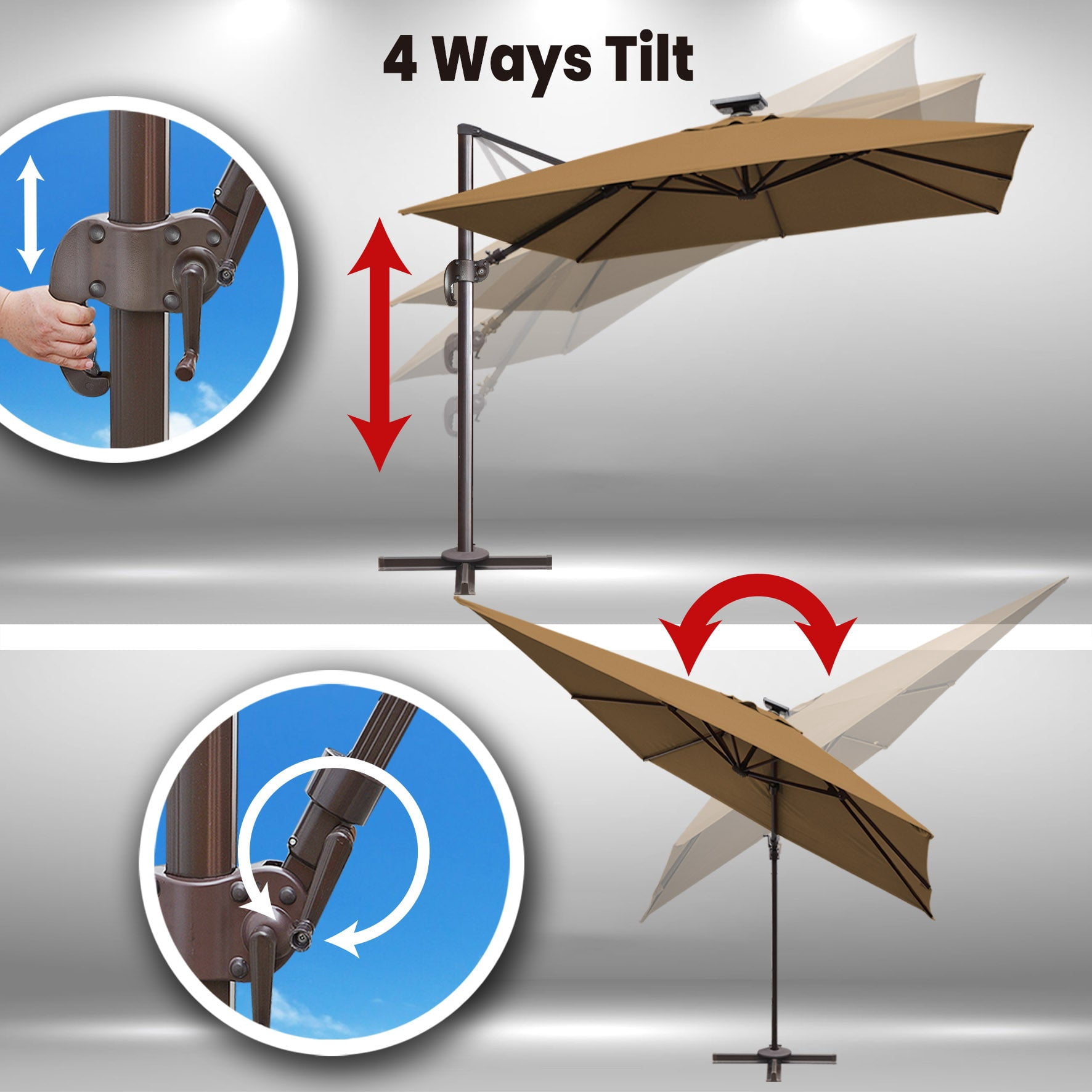 SUNRISEUMBRELLA Square 10'x10' Deluxe Roma square cantilever umbrella, With LED light(Cocoa)