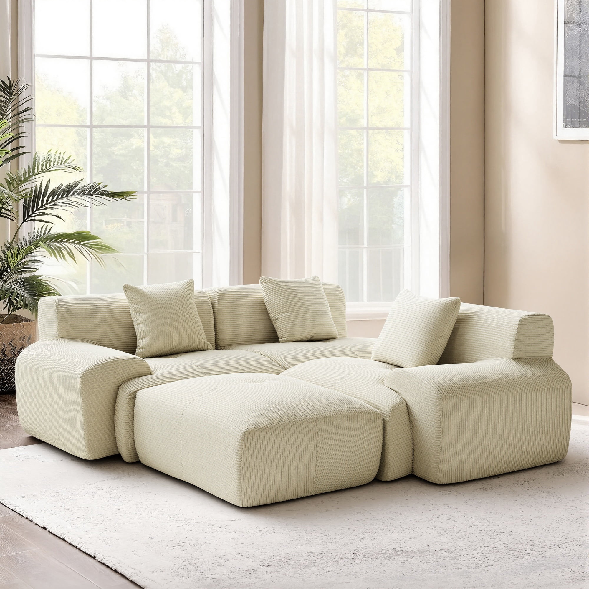 GAOHAPY 107"Modern L Shaped Modular Sectional Sofa, Oversized Corduroy Couch Deep Seat, Boneless Cloud Couch with Ottoman, 30D Sponge for Indoor Living Room, No Assembly Required(Beige)