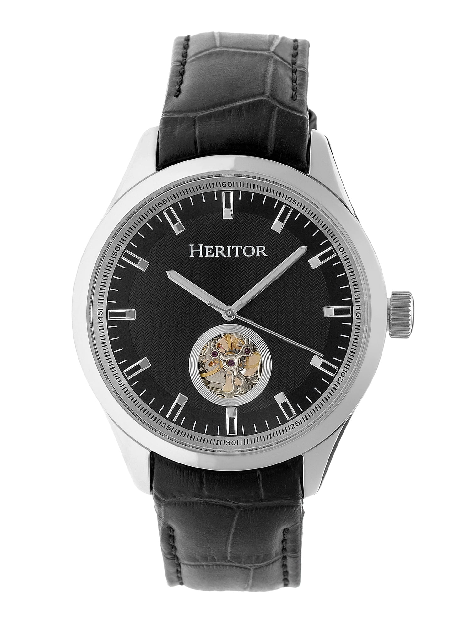 Heritor Automatic Crew Semi Skeleton Leather Band Watch Silver Black Walmart