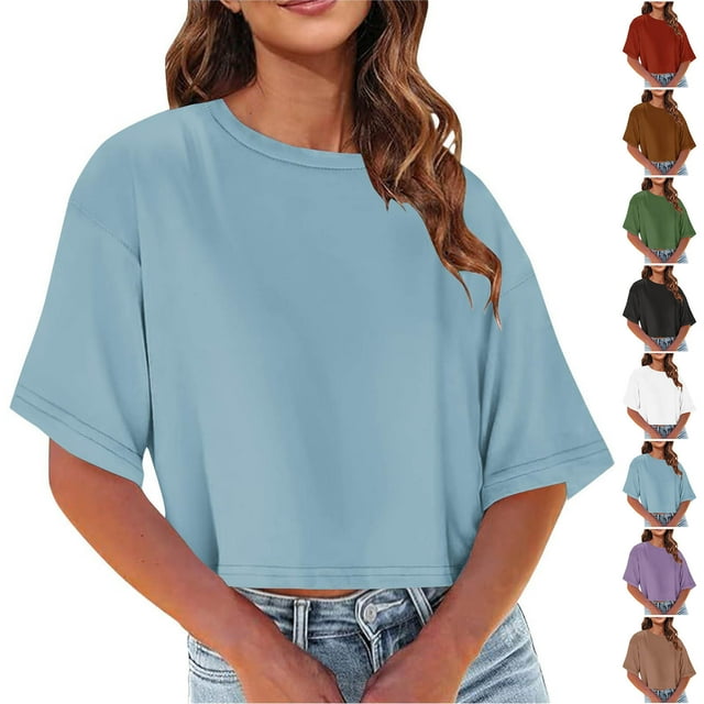 QIPOPIQ T-Shirts Surdimensionnés pour Femmes Col Rond Manches Courtes Hauts d'Été Décontractés Légers Blouse Ample Haute Basse Liquidation