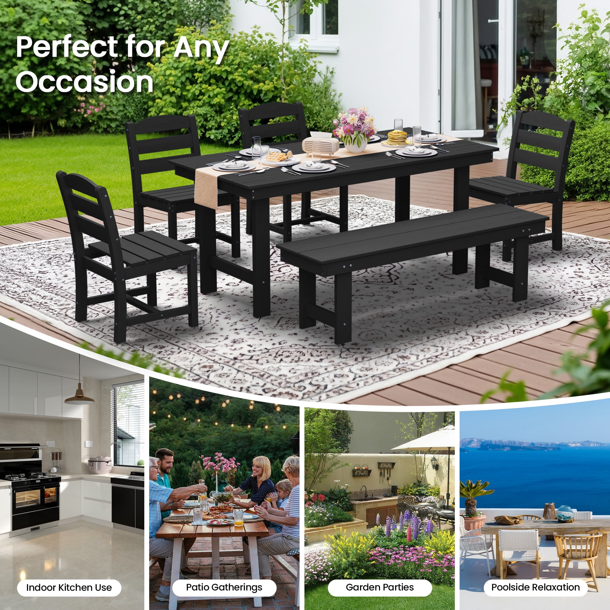 KINGYES 6 Piece Patio Dining Set, HDPE Outdoor Table and Chairs with Bench, Black