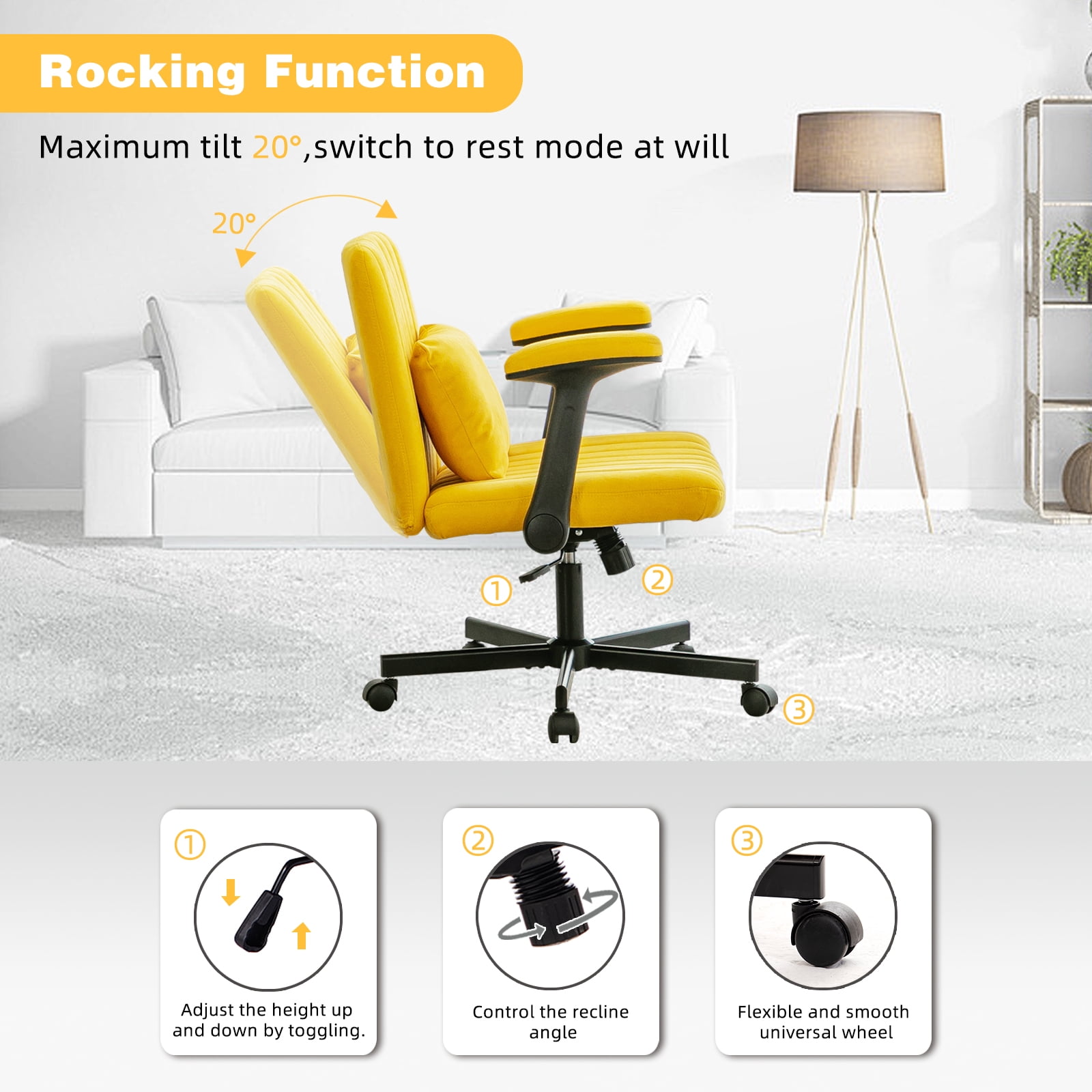 Office Chair, Desk Chair, Ergonomic Chair with Armrests & Wheels, Adjustable Height Swivel & Tilt Cross Back Desk Chair for Home Office Work & Study, Yellow