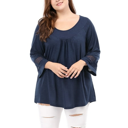 - Women's Plus Size Kimono Sleeves Crochet Panel Ruched Front Top Blouse Shirt Blue 3X