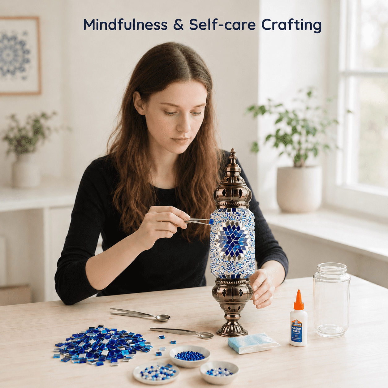 MEHOOM DIY Mosaic Lamp Kit, Turkish Crafts Kit for Adults, Luxury Moroccan-style Decor, Table Lamp for Bedroom Ambiance, Perfect Gift for Her or Him (Serenity Blue)