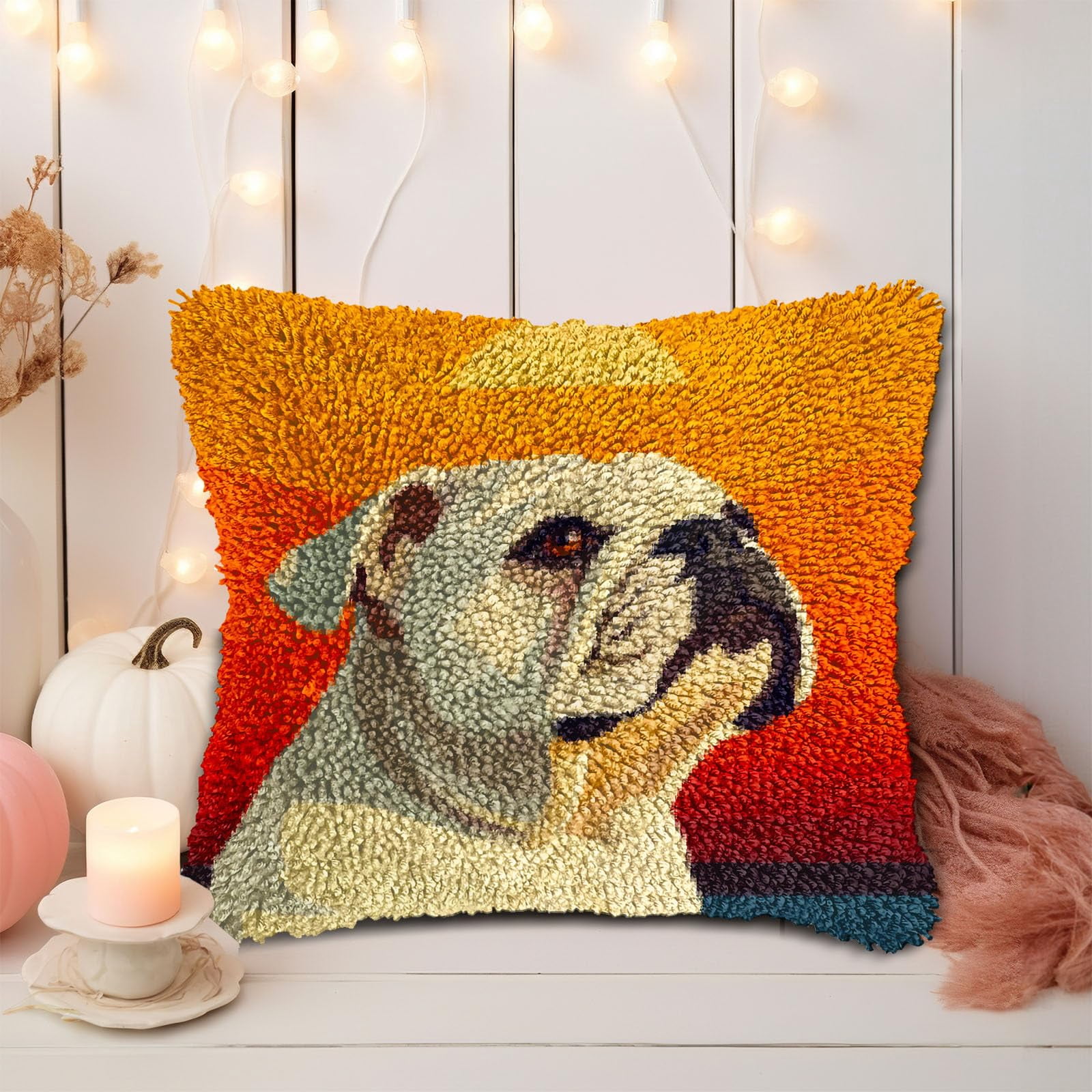 DIY Latch Hook Pillow Kits for Adults English Bulldog with Sunset Printed Pillowcase Crochet Yarns Hooking Handmade Pillow Cover Cushion for Home Sofa Decoration 17x17inch-1