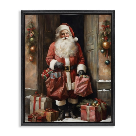 Santa Claus on Doorstep Black Floating Frame Canvas Art, 17 x 21, Made In USA