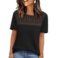 thumbnail image 2 of VEKDONE Womens Waffle Knit Tops Casual Short Sleeve Crewneck Hollow out Shirts Solid Color Crochet Lace Blouse Summer Loose Fit Breathable Pullover Top Black XL, 2 of 5
