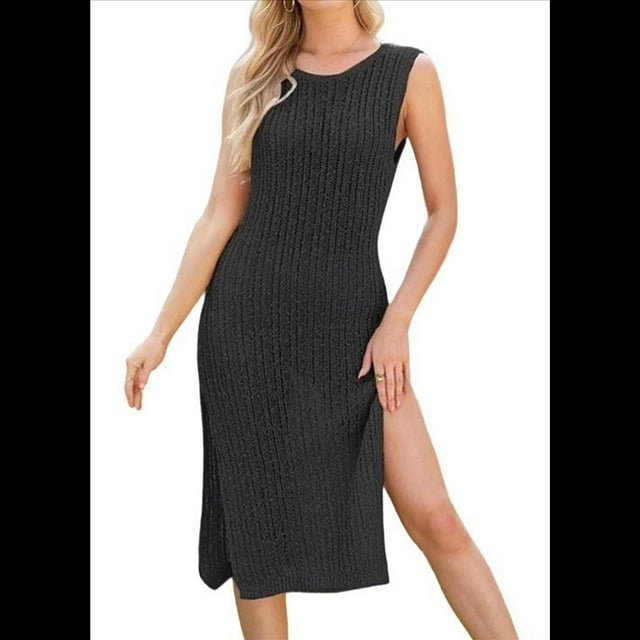 Vestido de Punto Sin Mangas para Mujer 2025, Cuello Redondo, Abertura Lateral, Ajustado, Midi, Negro, Talla L