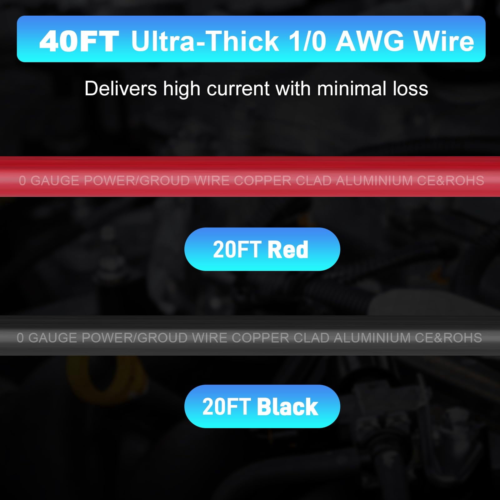 40FT 1/0 AWG Battery Cable 1/0 Gauge Wire Copper Clad Aluminum CCA Amp Wiring