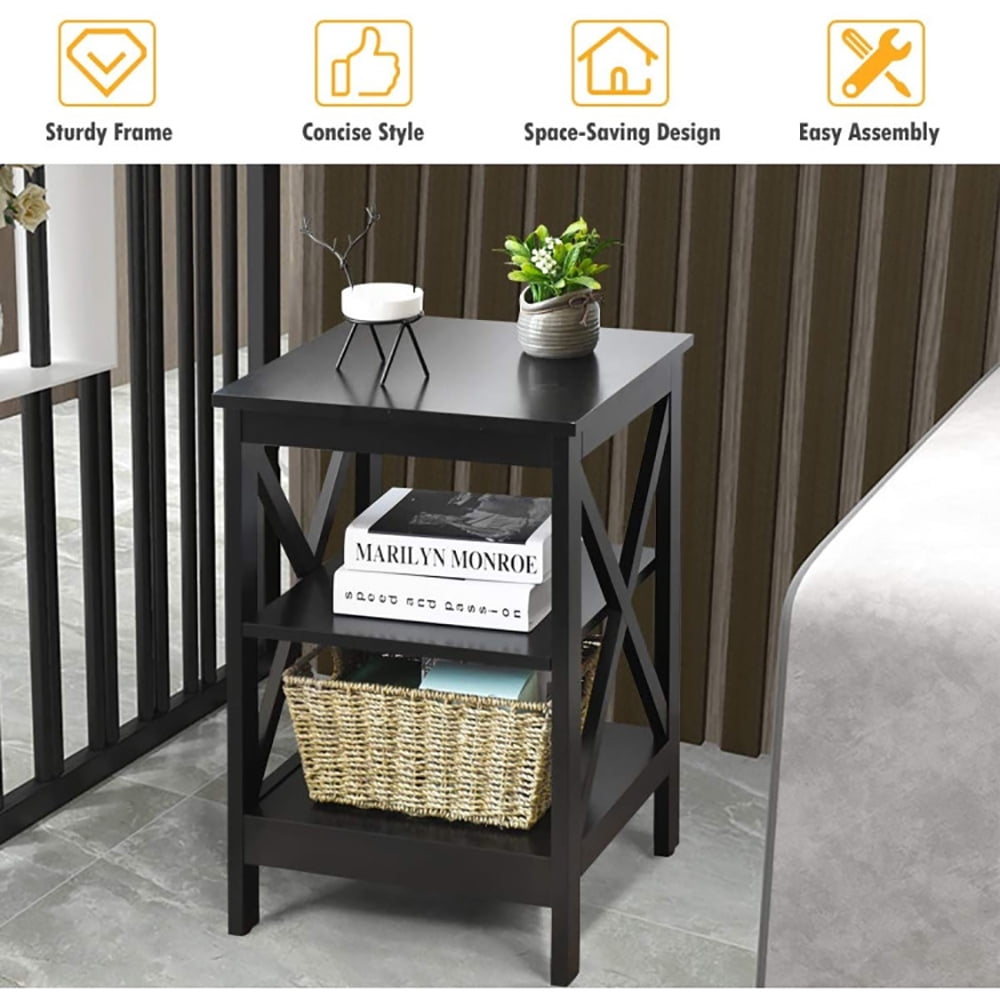 Finihen End Table, 3-Tier X-Design Nightstands with Storage Shelves, Bed Side Tables, for Living Room, Bedroom, Black Finihen End Table, 3-Tier X-Design Nightstands with Storage Shelves, Bed Side Tables, for Living Room, Bedroom, Black
