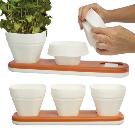 Infusion Living (6 Herb Pots and 2 Water Drainage Trays) Adjustable Size Silicone Garden Pots, Flower Pots For Indoor Garden Kit, Herb Planter Set
