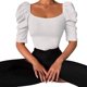 thumbnail image 1 of Camiseta informal de manga abombada con cuello redondo y corte ajustado para mujer, camiseta de Color puro acanalada, 1 of 7