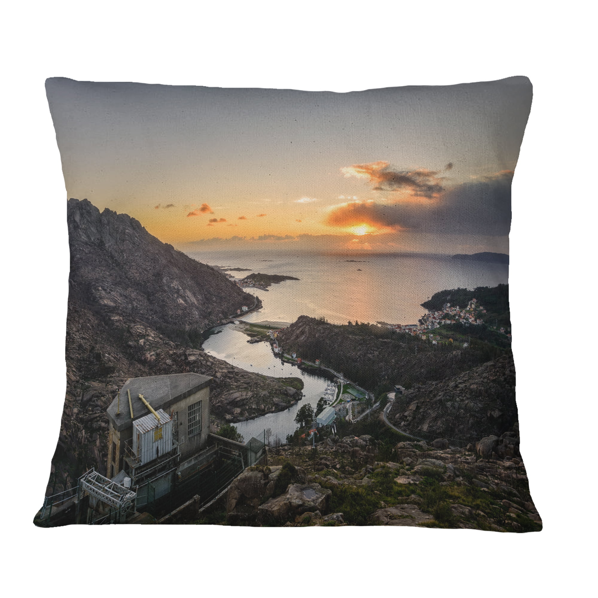 Designart Ezaro Panorama Galicia Spain - Landscape Printed Throw Pillow -  16x16 