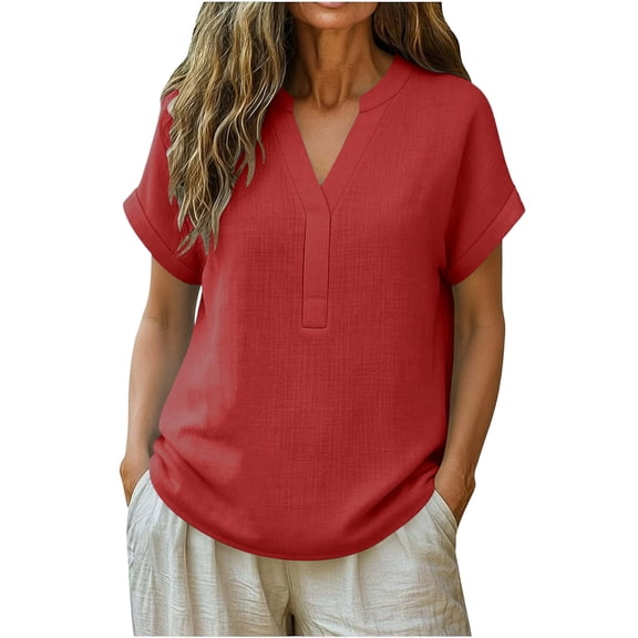 Gamivast Linen Tops for Women Split V Neck Short Sleeve Loose Fit Blouses Casual Shirts Tunic Tops Flowy Blouse for Daily Work Vacation Summer Wear outfits