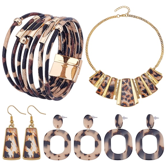 Acrylic & Alloy Vintage Leopard Print Pattern Jewelry Set Necklace & Bracelet & Earring Sets for Women Golden 450mm