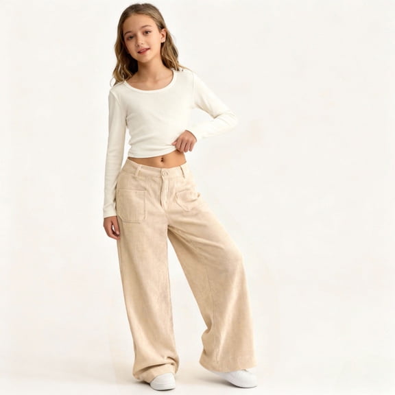 Big Girls Corduroy Pants Elastic Waist Wide Leg Trousers with Front Patch Pockets for School Fall Winter Wear, 7Y-16Y