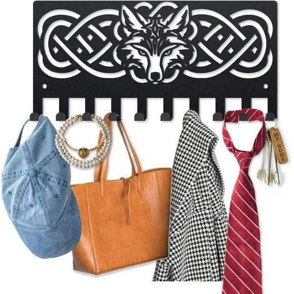 Wolf Head Knot Metal Coat Hooks for Wall 9.8×4.7inch Knot Rope Animal Wall Mounted Key Rack 10 Hooks Wildlife Animals Black Art Key Holder for Coats Hats Towels Bags Keys Hanging