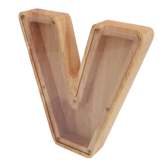 YAHHU Wooden V‑Shaped Letter Piggy Bank – Large Organic Wood Coin Box with Clear Acrylic Panels, Durable & Stylish Savings Gift