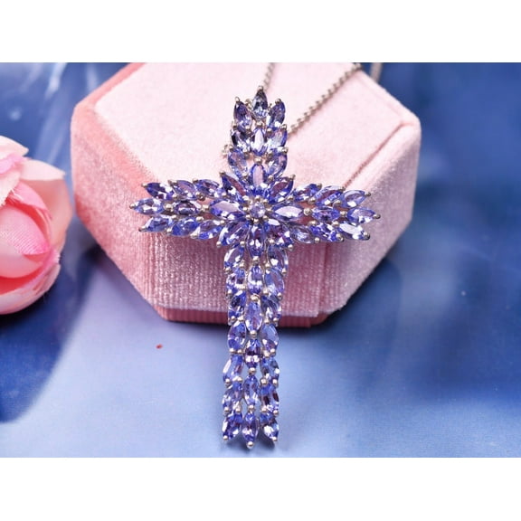 Tanzanite Necklace Silver Women Chain Cross Pendant engagement wedding Gifts for Mother