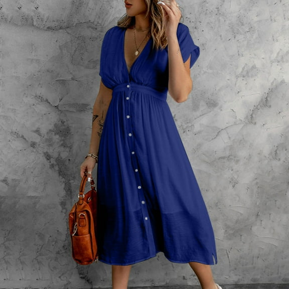 VKEKIEO Sexy Dresses For Women Sun Dress V-Neck Short Sleeve Solid Blue S