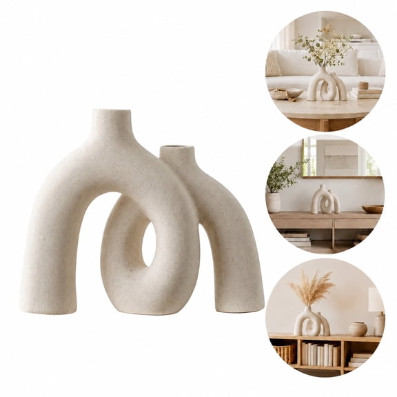 Hug Donut Decorative Ceramic Vase Set, Cream White Matte Flower Vases, Modern Nordic Boho White Vase for Living Room Shelf, Bookshelf, Mantle, Entryway Table, Console Table Decor, Small Book Vase Tab