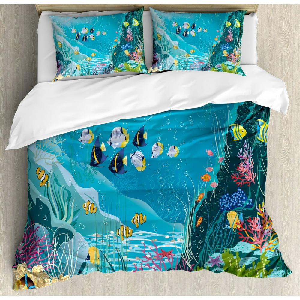 Fish Duvet Cover Set, Underwater Landscape with Tropical Fish and Algae