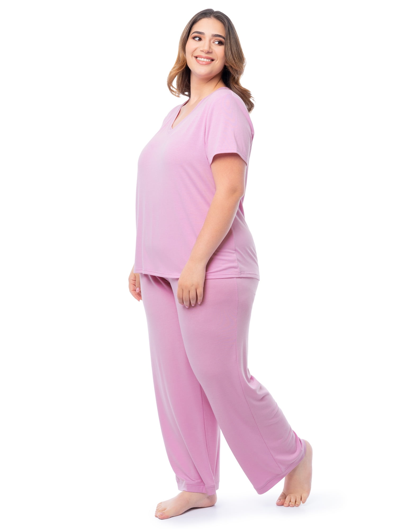 Fruit of the Loom Women's Soft & Breathable V-Neck Short Sleeve Top & Pajama Pant Set, Sizes S-4X