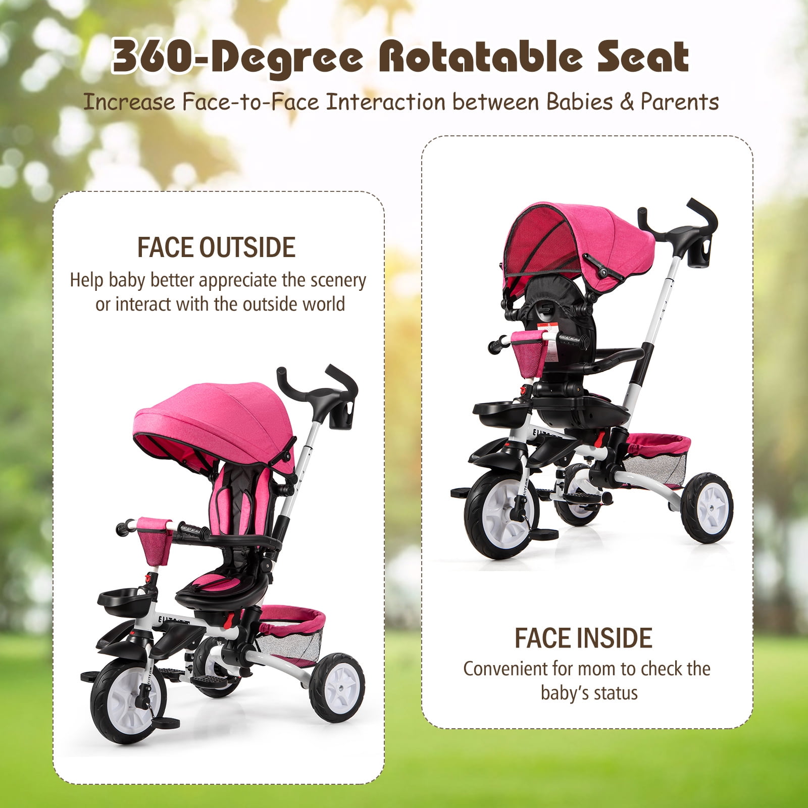 Costway 6 In 1 Kids Baby Stroller Tricycle Detachable Learning Toy Bike w Canopy Pink