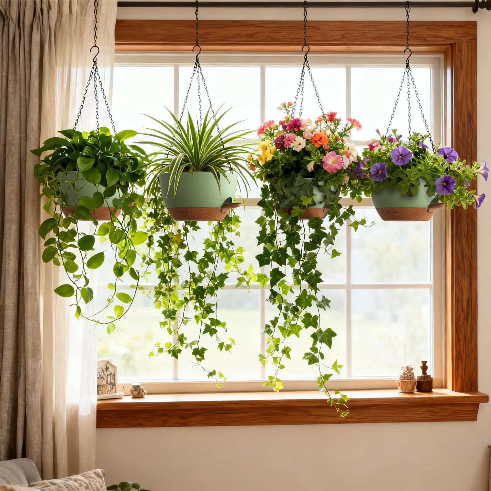 4 Pack 8 Inch Self Watering Hanging Planters For Indoor Outdoor Plants Pots With Drainage Removable Tray  Baskets Flower Pothos Garden Green Brown