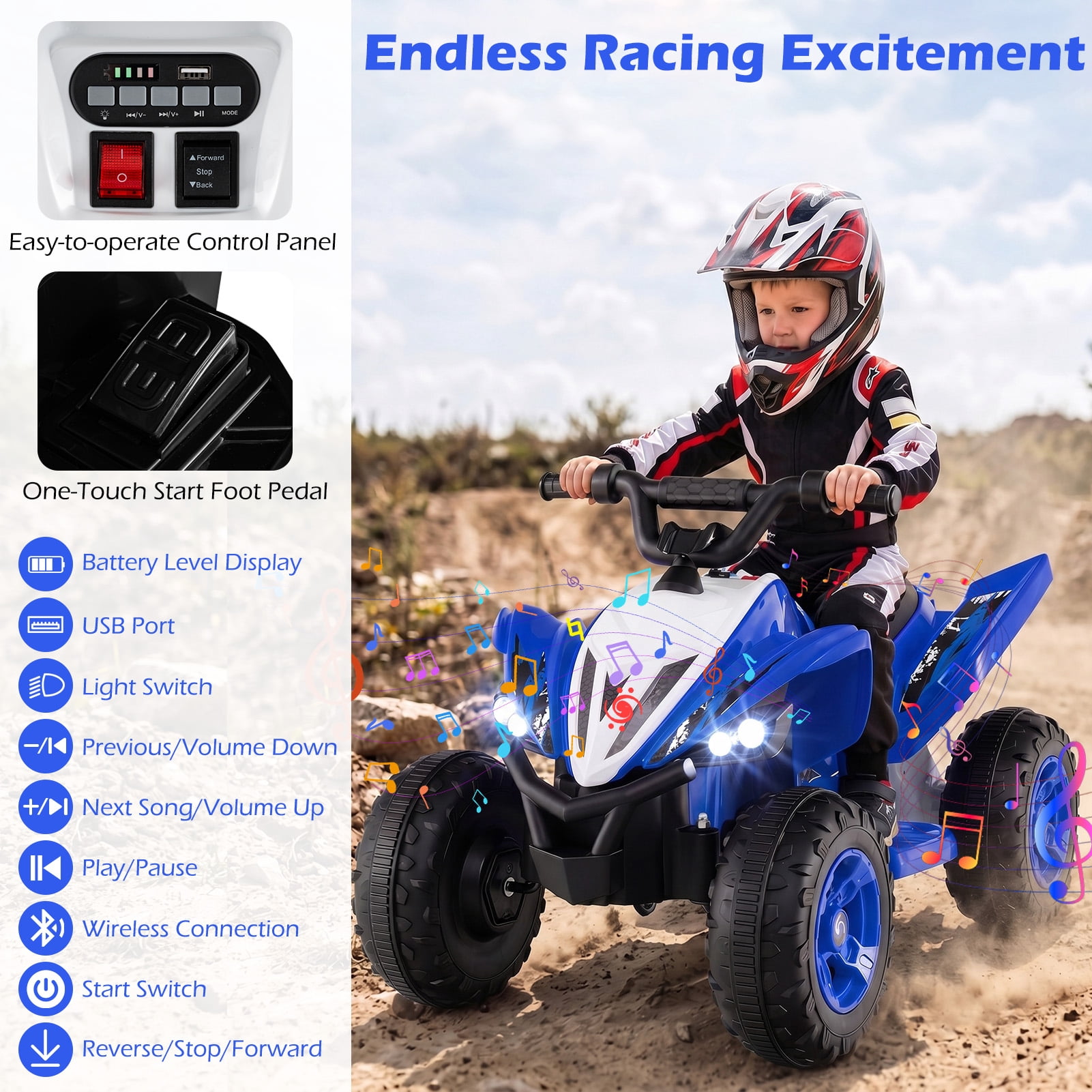 Costway 12V Quad 4 Wheeler Ride on Toy with Music, Light, USB Port, Wireless Connection Navy